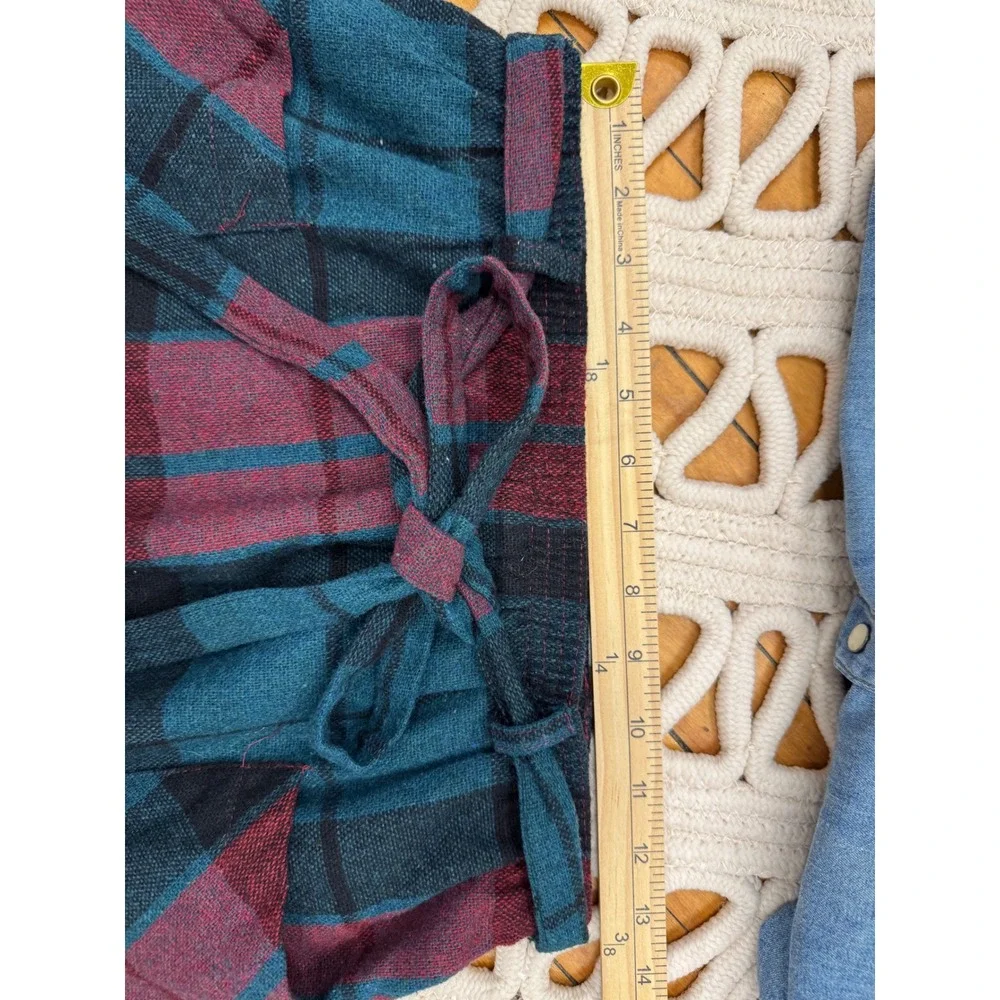 Vintage Plaid Midi Skirt Tie Waist Pockets Wool Blend Red Teal Black Boho Sz S/M